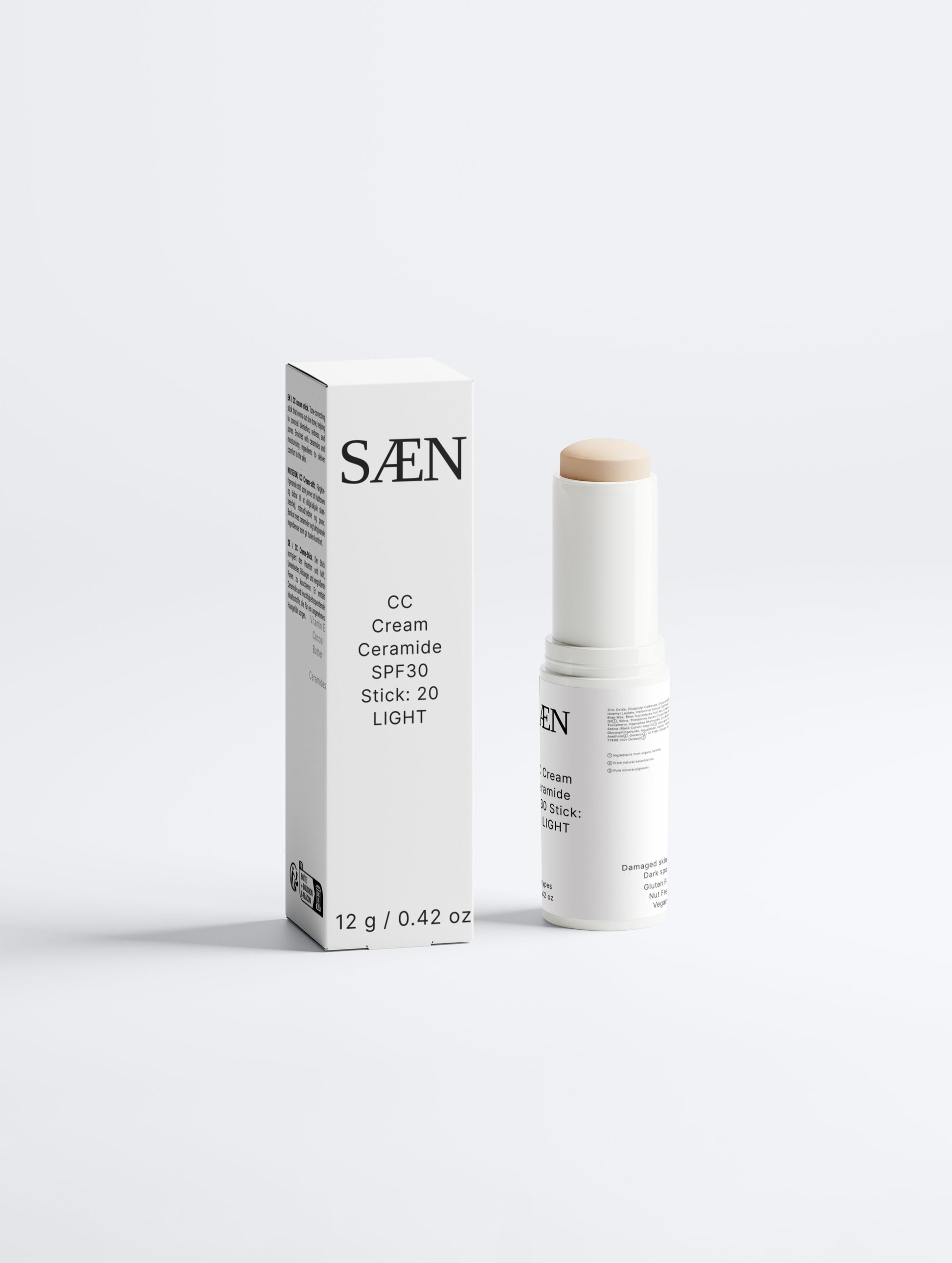 Selfnamed CC Cream Ceramide SPF30 Stick in Light shade, showing the portable skincare product with a smooth beige stick application