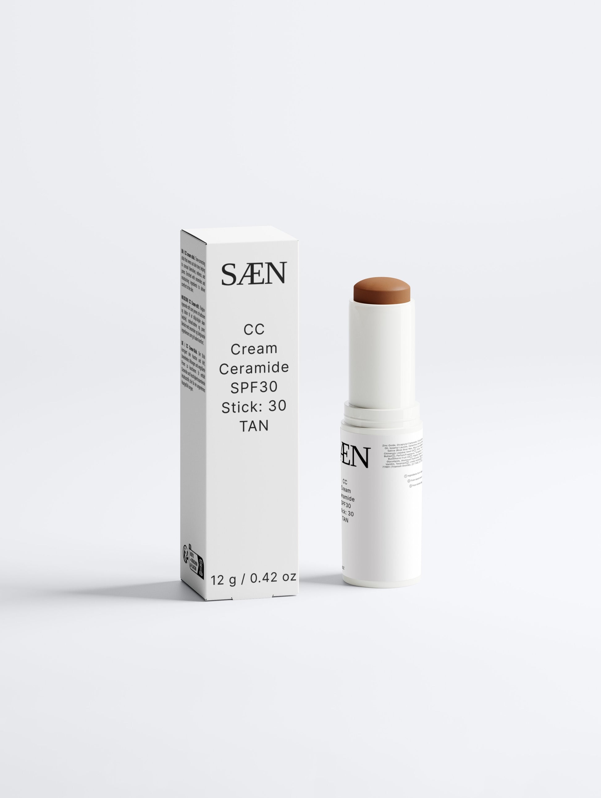 Selfnamed CC Cream Ceramide SPF30 Stick in 30 Tan, a portable skincare product with a creamy texture for even skin tone.