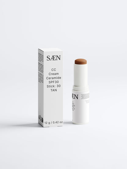 Selfnamed CC Cream Ceramide SPF30 Stick in 30 Tan, a portable skincare product with a creamy texture for even skin tone.