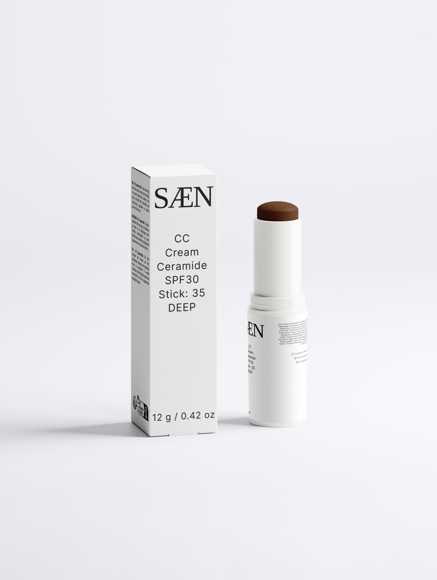 Selfnamed CC Cream Ceramide SPF30 Stick in Deep shade, showing the compact stick with smooth, creamy texture and product branding.
