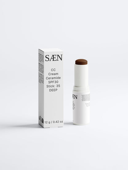 Selfnamed CC Cream Ceramide SPF30 Stick in Deep shade, showing the compact stick with smooth, creamy texture and product branding.