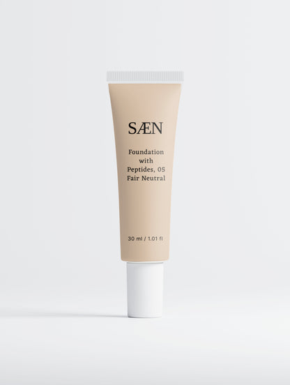 Selfnamed Foundation with Peptides in shade 05 Fair Neutral, creamy liquid foundation in a sleek bottle.