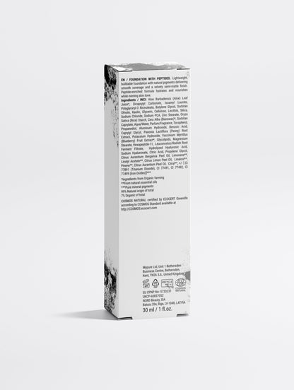 Selfnamed foundation with peptides in 25 Medium Warm shade, showcasing a smooth, blended makeup base with a natural finish.