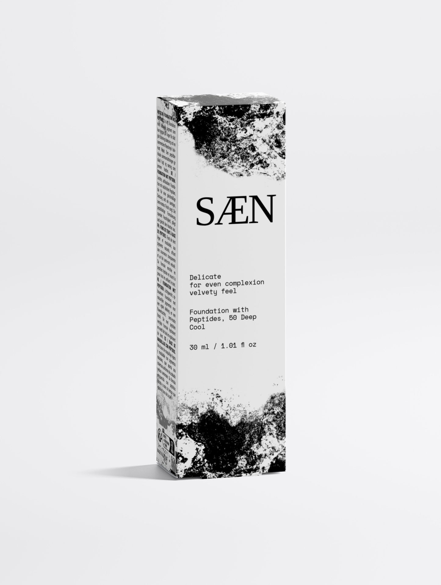 Selfnamed Foundation with Peptides in 50 Deep Cool shade, showcasing smooth, creamy texture and natural finish in a compact container.