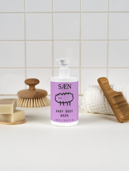 Gentle baby body wash in a clear bottle with a pump from Selfnamed, suitable for delicate skin and daily use.