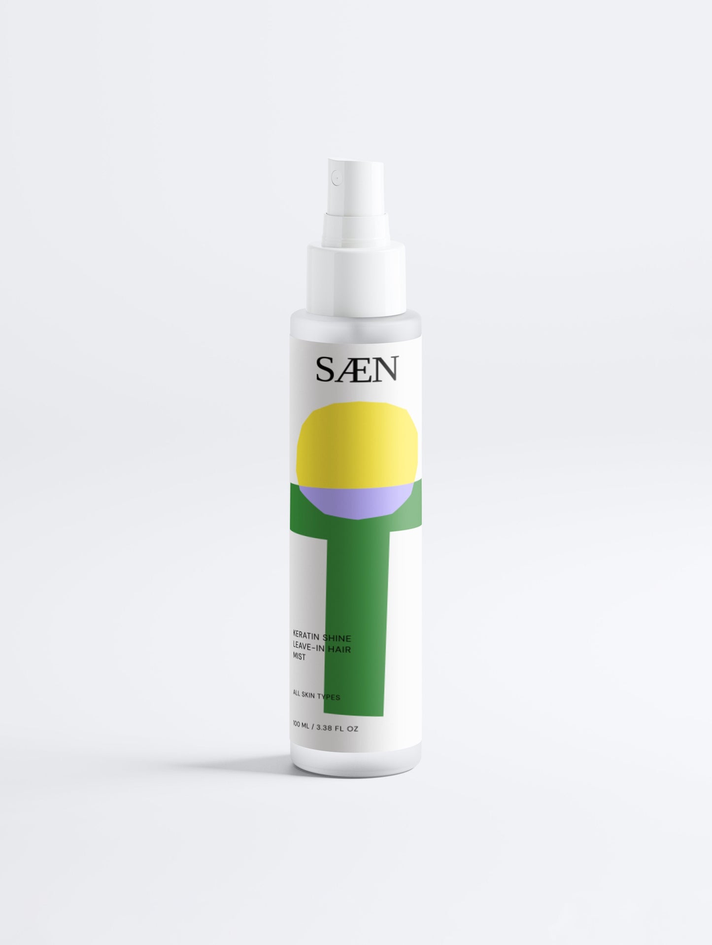 Selfnamed Keratin Shine Leave-In Hair Mist spray bottle with clear label, designed to add shine and smoothness to hair.