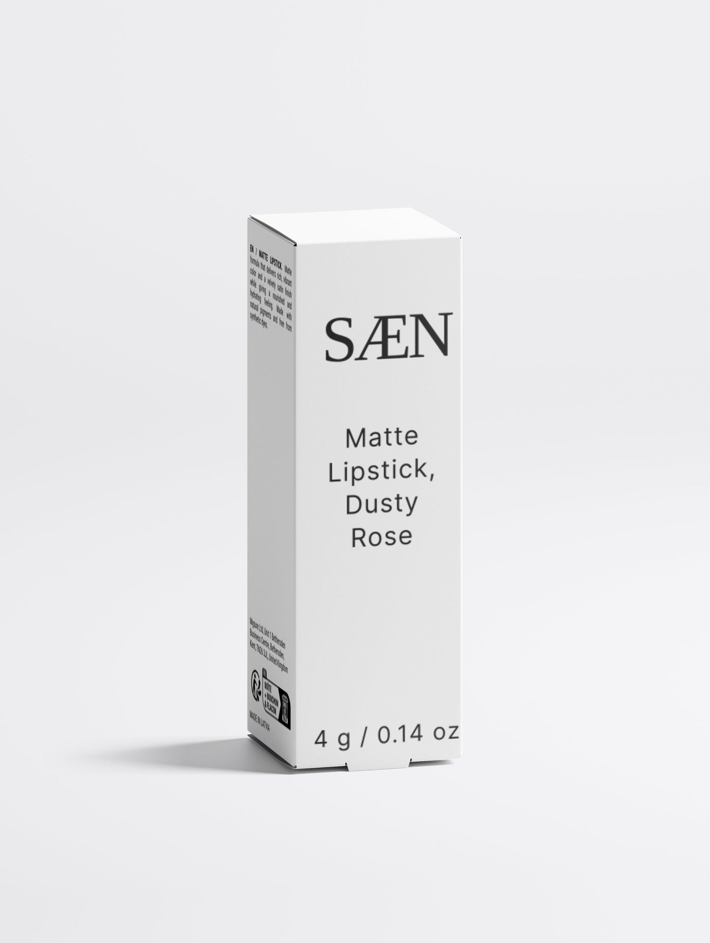 Selfnamed matte lipstick in Dusty Rose shade, showing the smooth, velvety bullet with a matte finish and soft pink color.