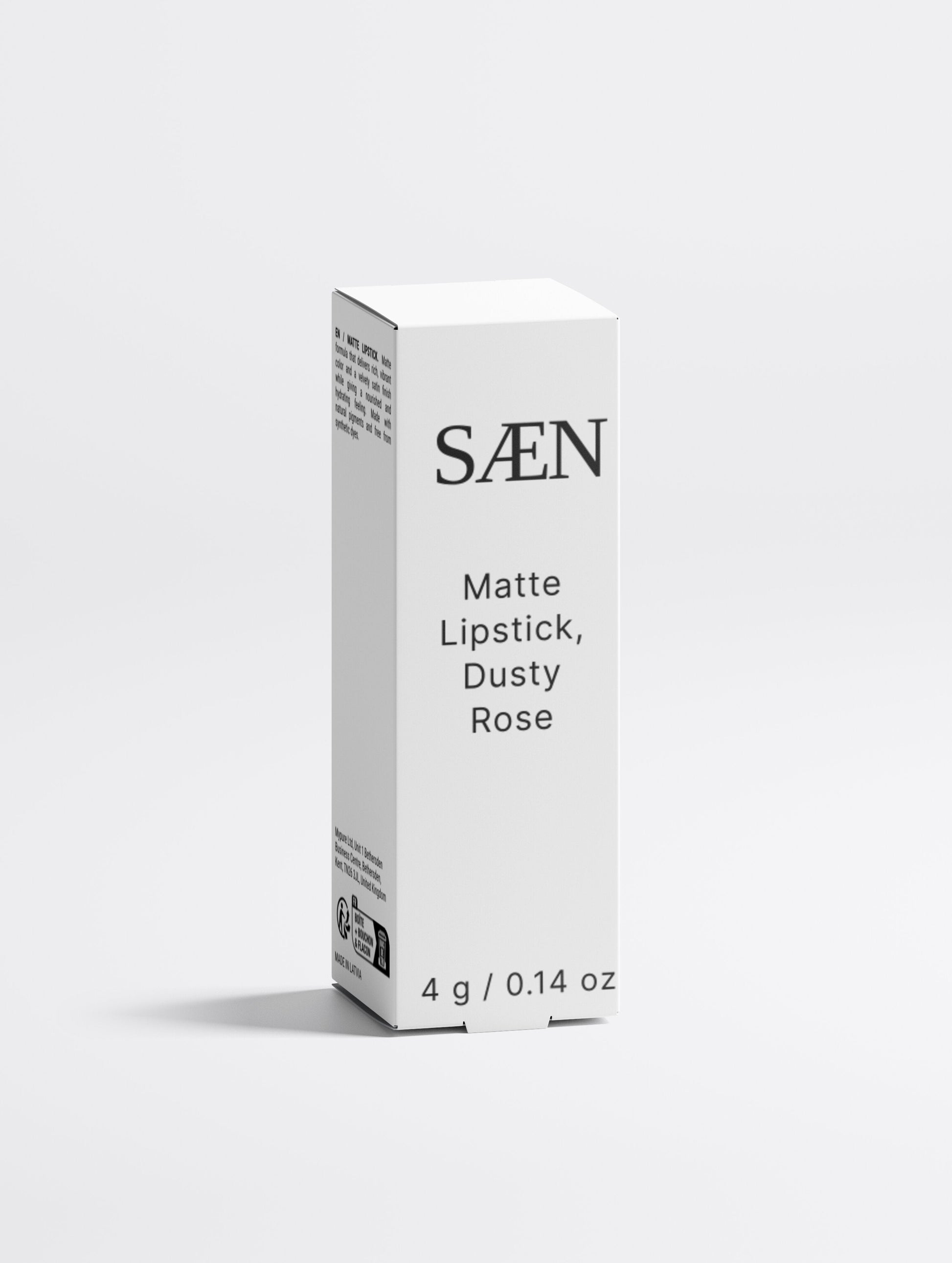 Selfnamed matte lipstick in Dusty Rose shade, showing the smooth, velvety bullet with a matte finish and soft pink color.