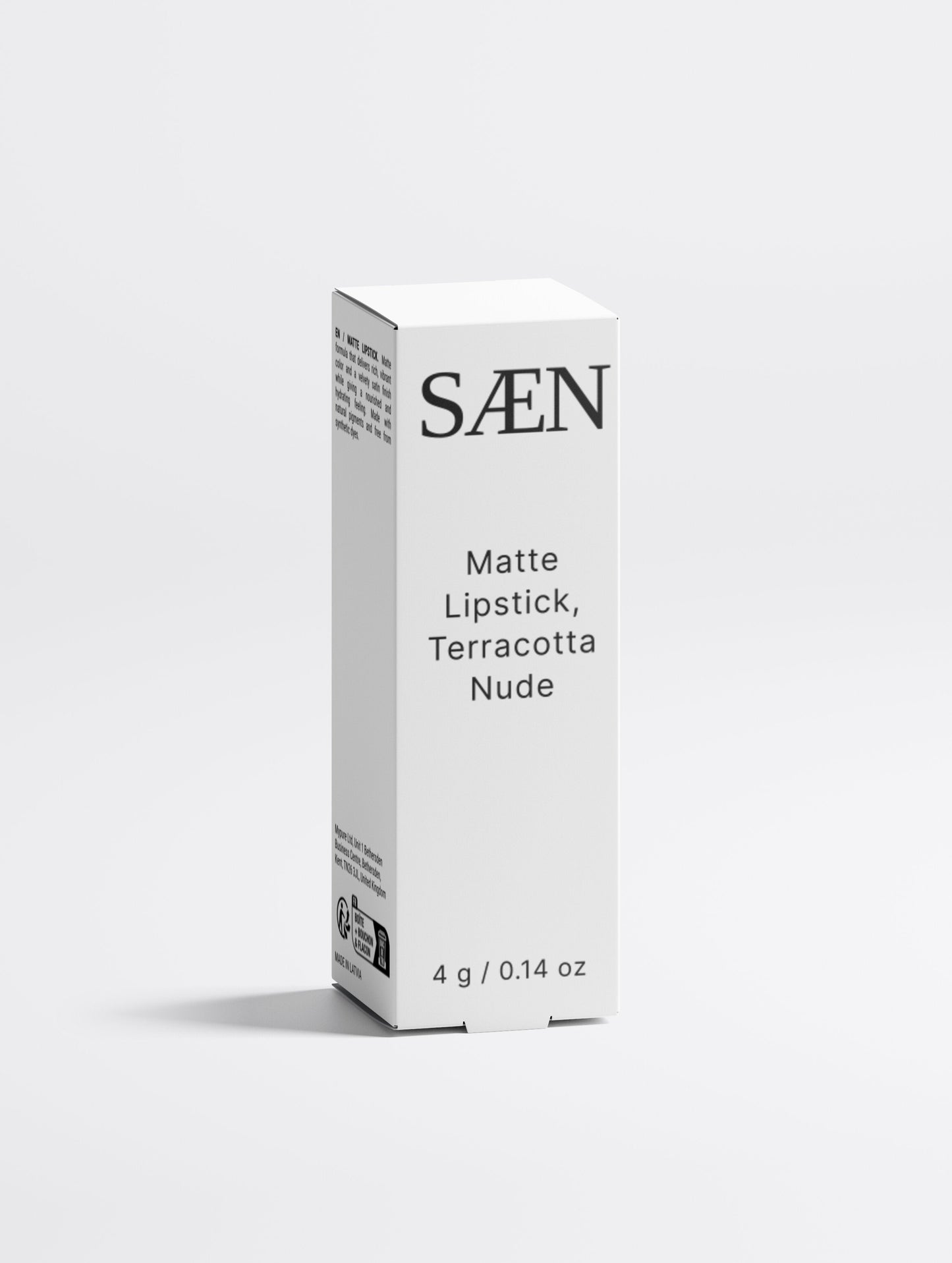 Selfnamed Matte Lipstick in Terracotta Nude, creamy lipstick tube with the product open showing the warm nude shade.