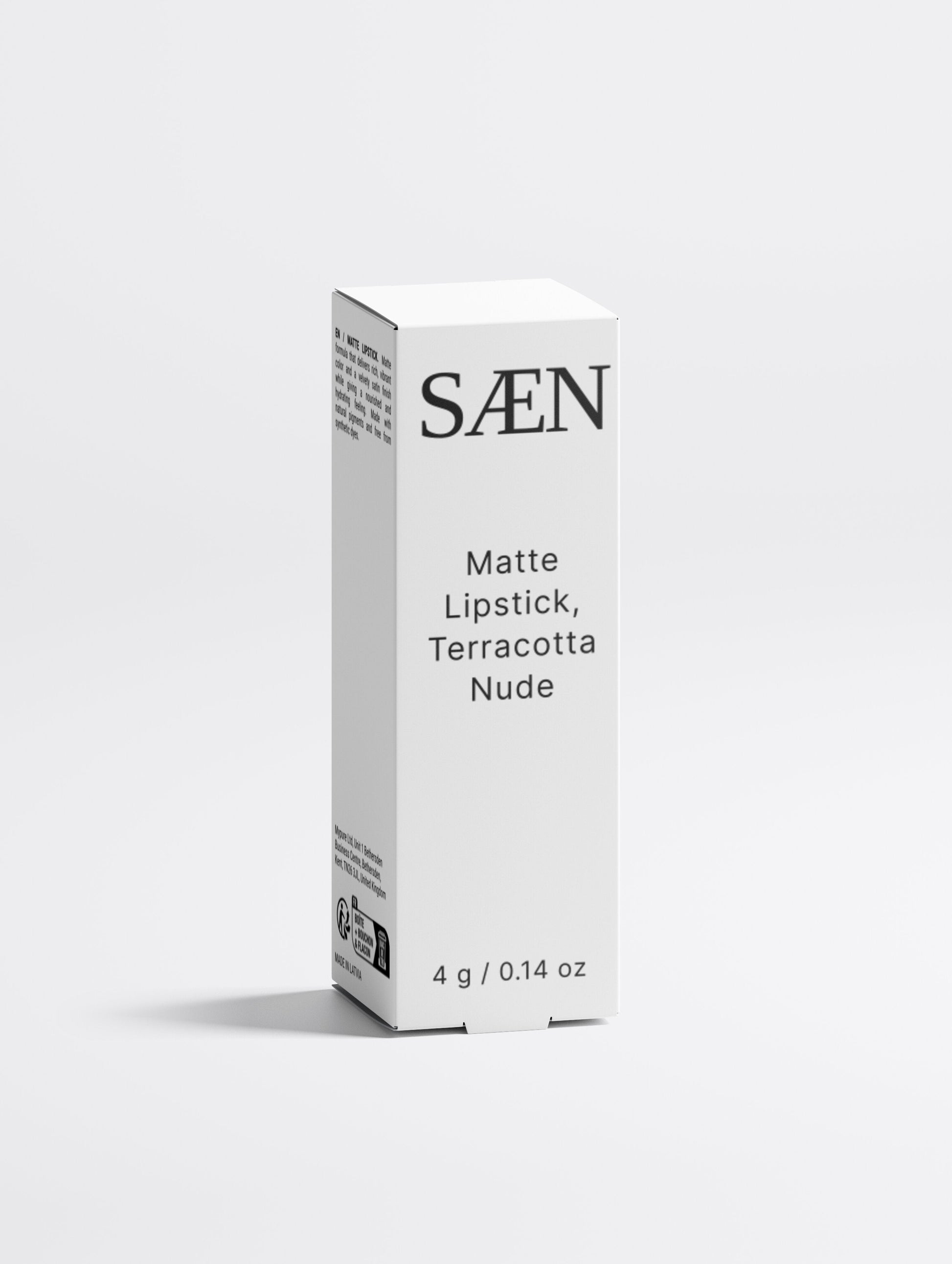 Selfnamed Matte Lipstick in Terracotta Nude, creamy lipstick tube with the product open showing the warm nude shade.