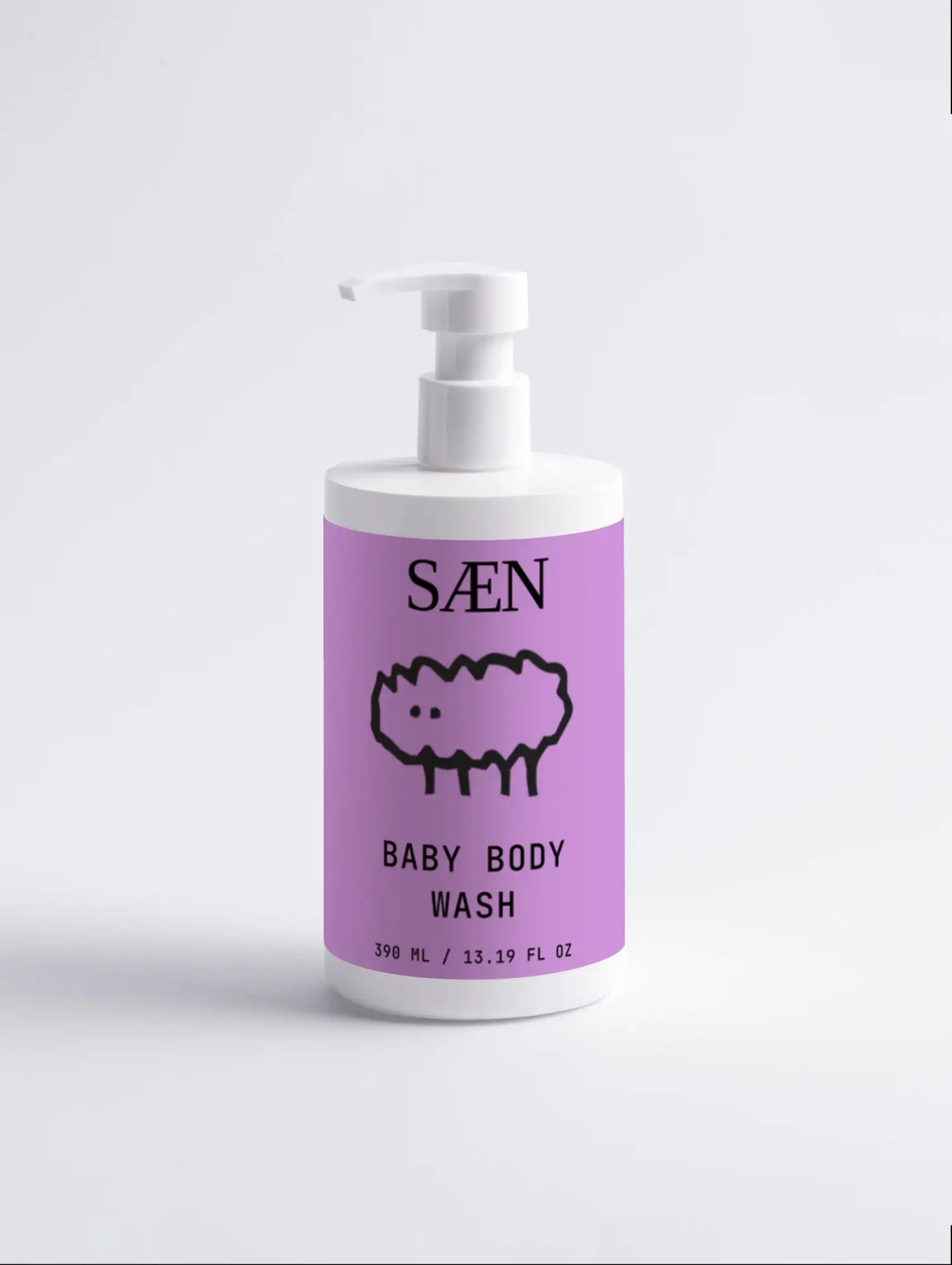 Purple-labeled saen baby body wash bottle with a white pump dispenser and a cartoon sheep illustration.