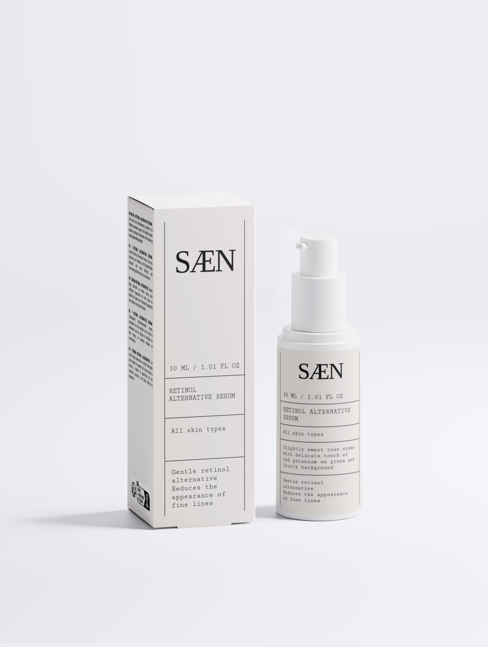 Selfnamed Retinol Alternative Serum in a glass bottle with a dropper, showcasing a skincare product for reducing wrinkles and brightening skin.